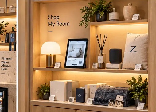 Curated pillows, towels and room accessories in the ZHAI lobby