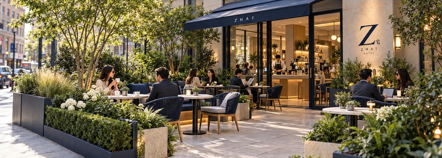 Urban garden café with navy seating, trees and white flowers