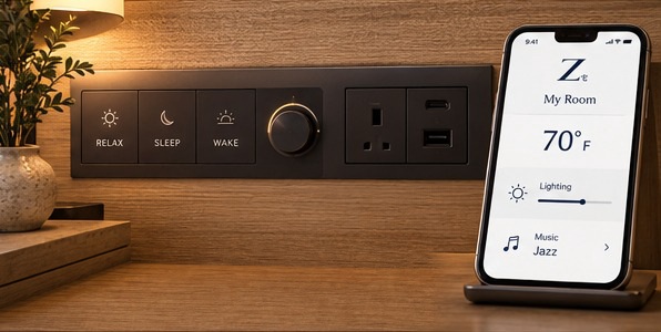 Discreet bedside controls in warm wood
