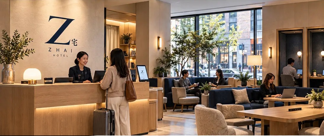 Staffed ZHAI lobby with communal work tables and navy lounge seating
